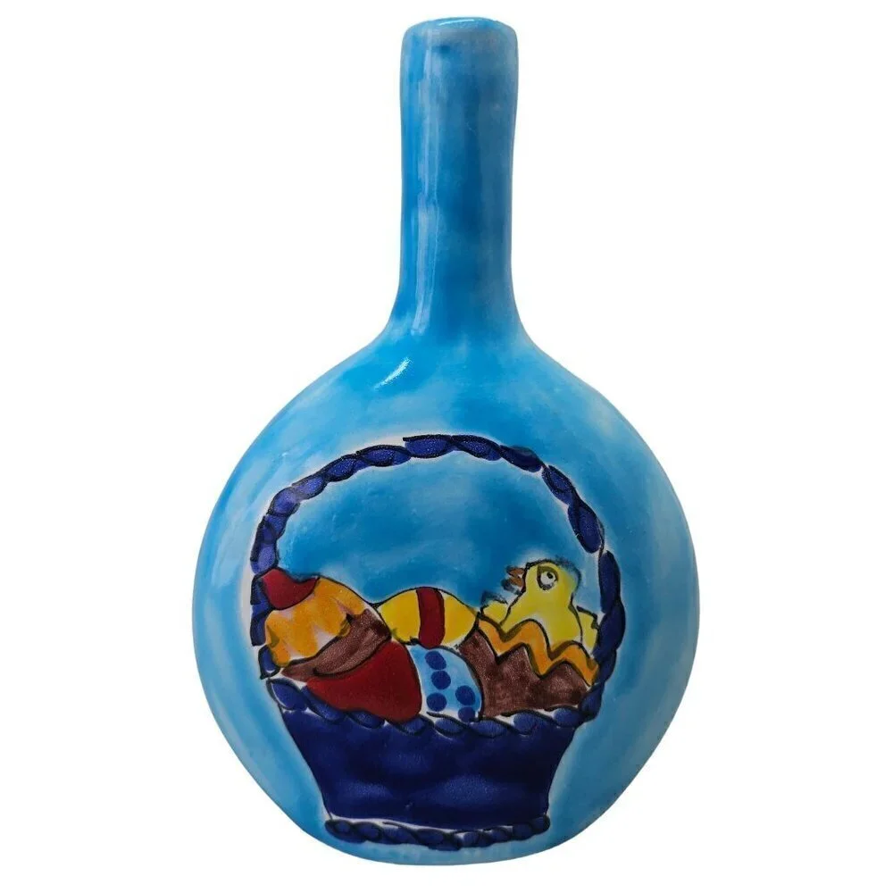 La Musa Italian Pottery Blue Vase Chic and Colored Eggs in Basket 8.5